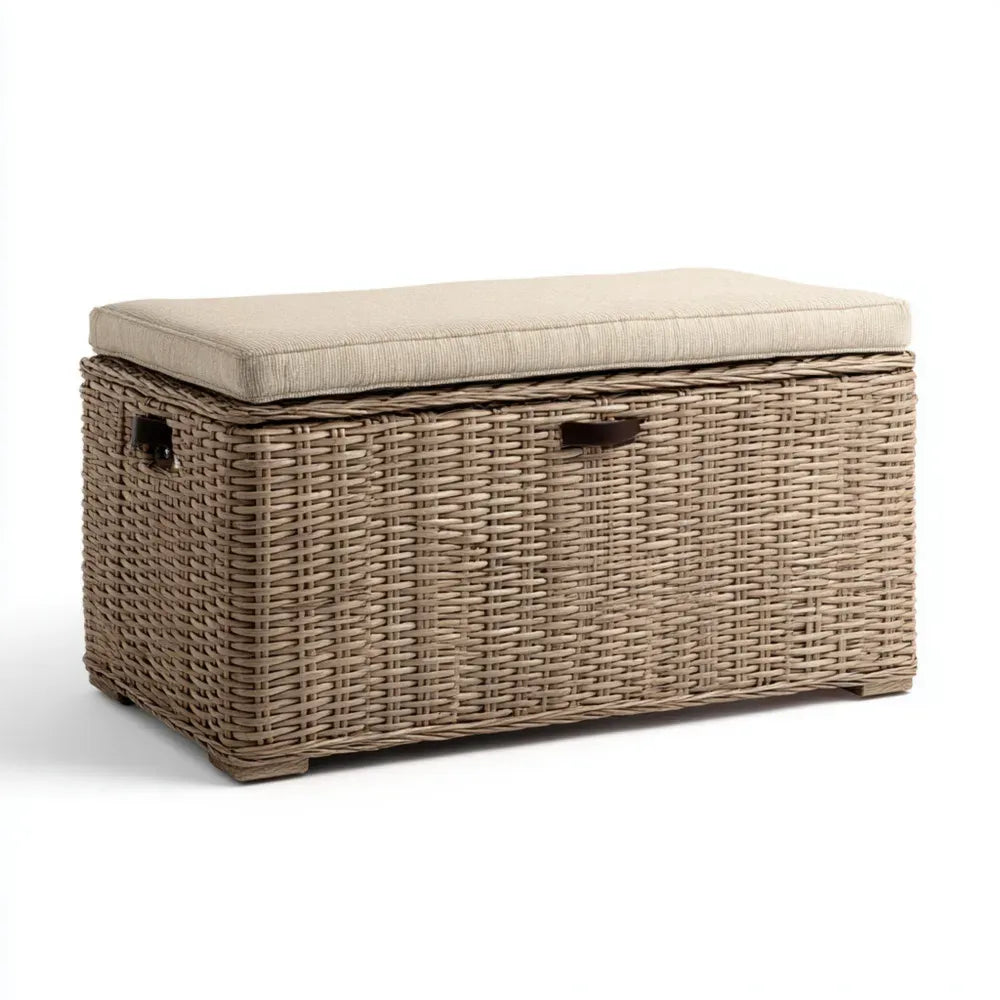 Wicker Storage Bench with Cushion 100x45x50 cm - Beige - Ideal for Indoor/Outdoor