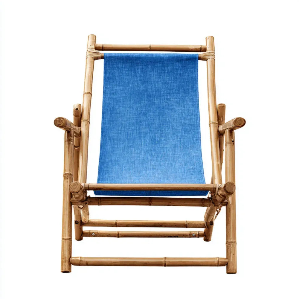Patio Lounge Chair 120x60x80 cm - Bamboo Frame with Blue Fabric - Outdoor Use