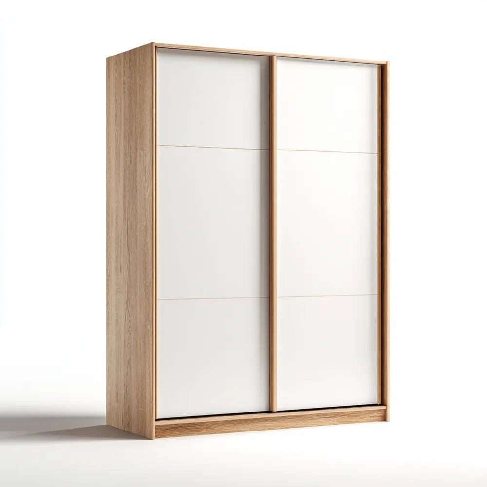 Sliding Door Wardrobe 200x60x220 cm - Wood and White Finish - Modern Design